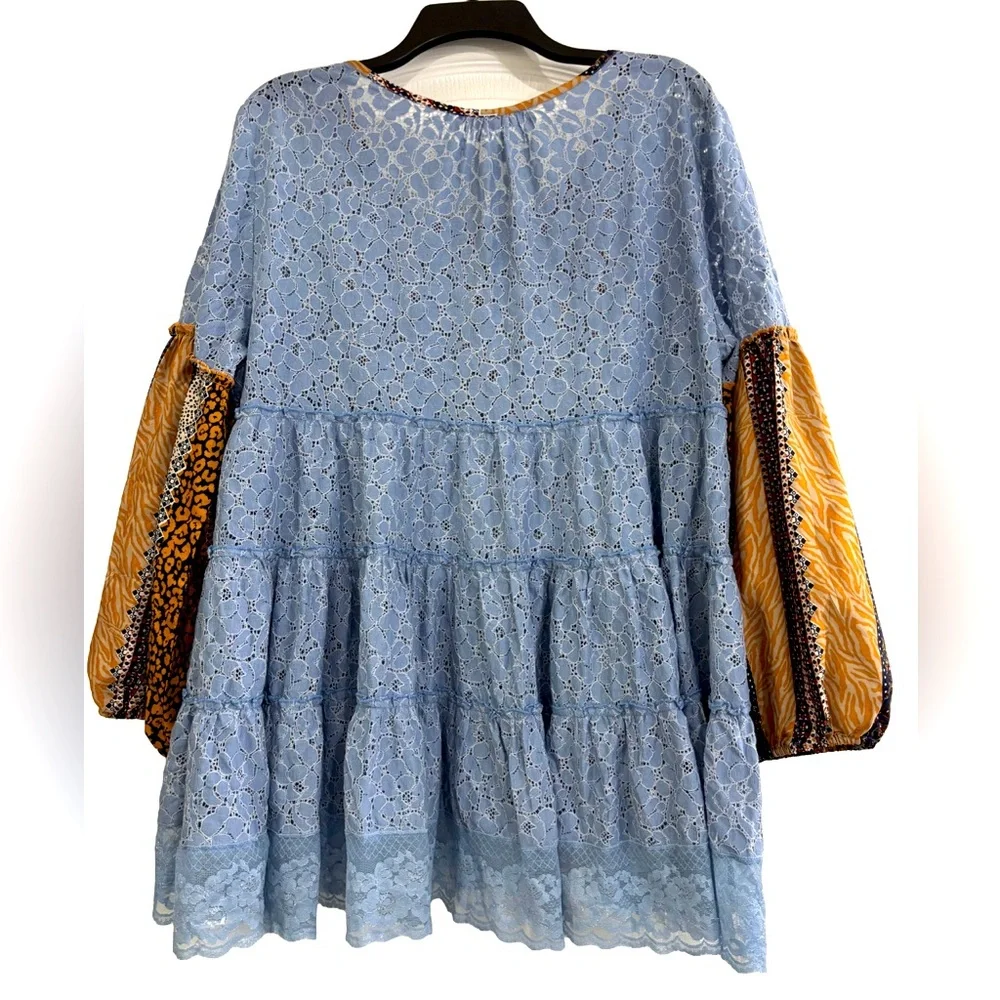 Bohemian Blue Lace Top with Patterned Sleeves and Embroidered Bib, XL - Picture 2 of 4